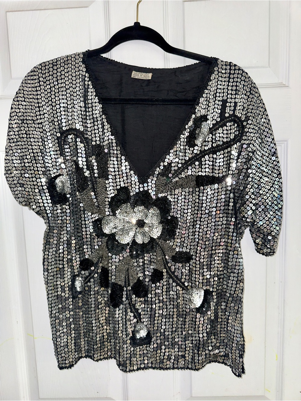 Vintage 80’s Silver Sequin Floral V-Neck Top - see measurement photos